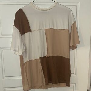 SHEIN Brown and Cream Color Block Short Sleeve Tee